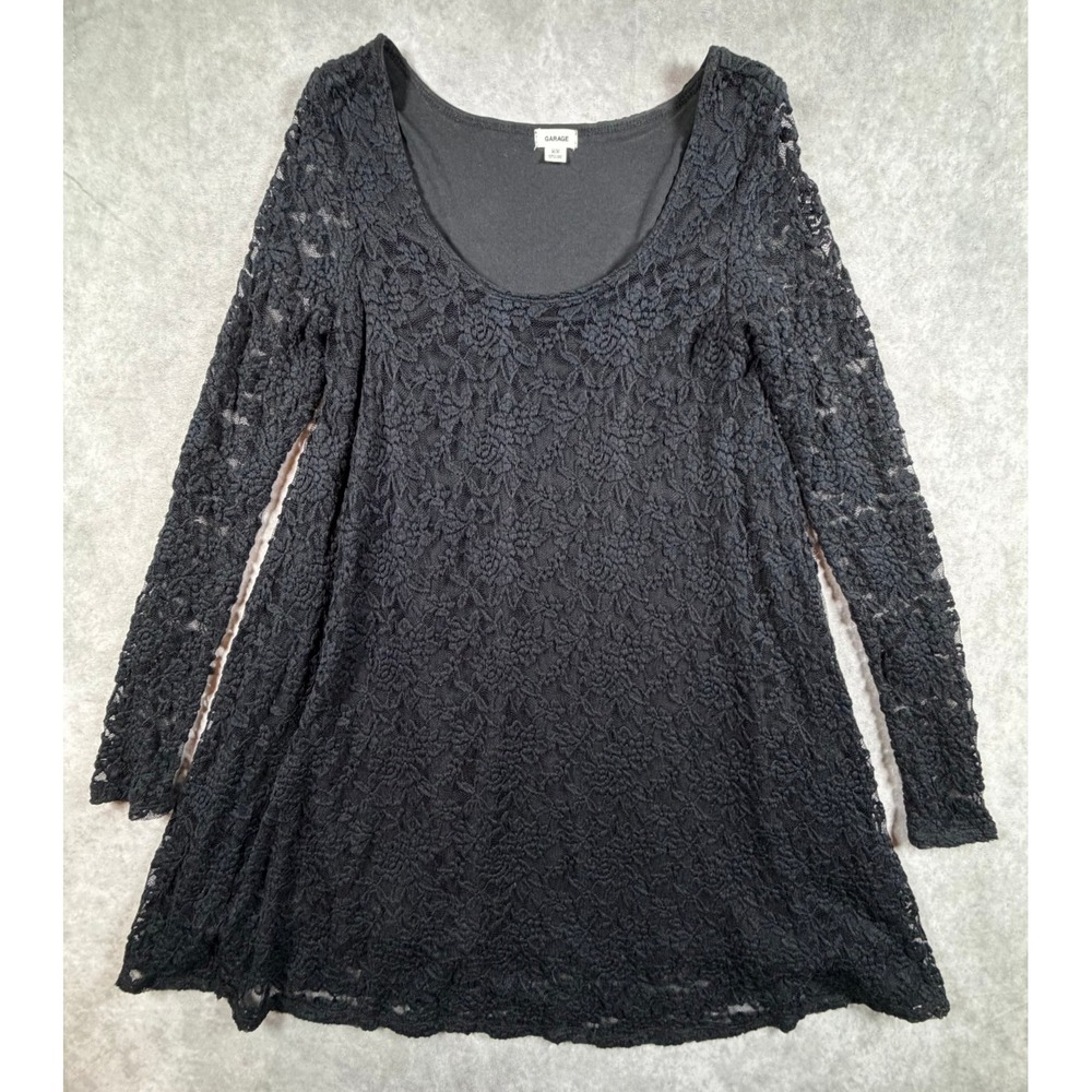 Garage Womens Medium Dress Black Floral Lace Long Sleeve Lined A Line Mini
